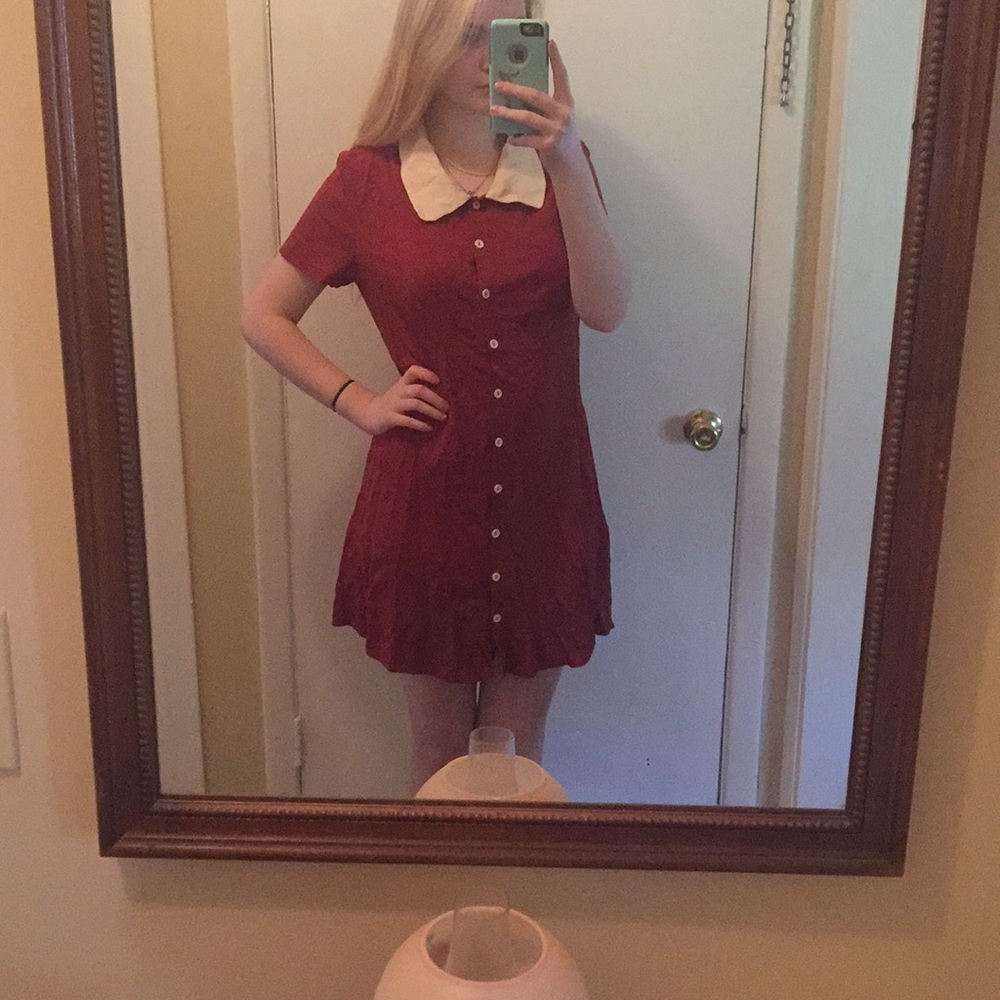 Burnt orange dress with off white collar